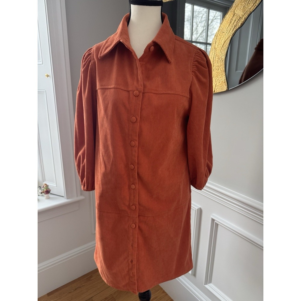 7 For All Mankind Orange Corduroy Retro Dress Button Front Puff Sleeve Small